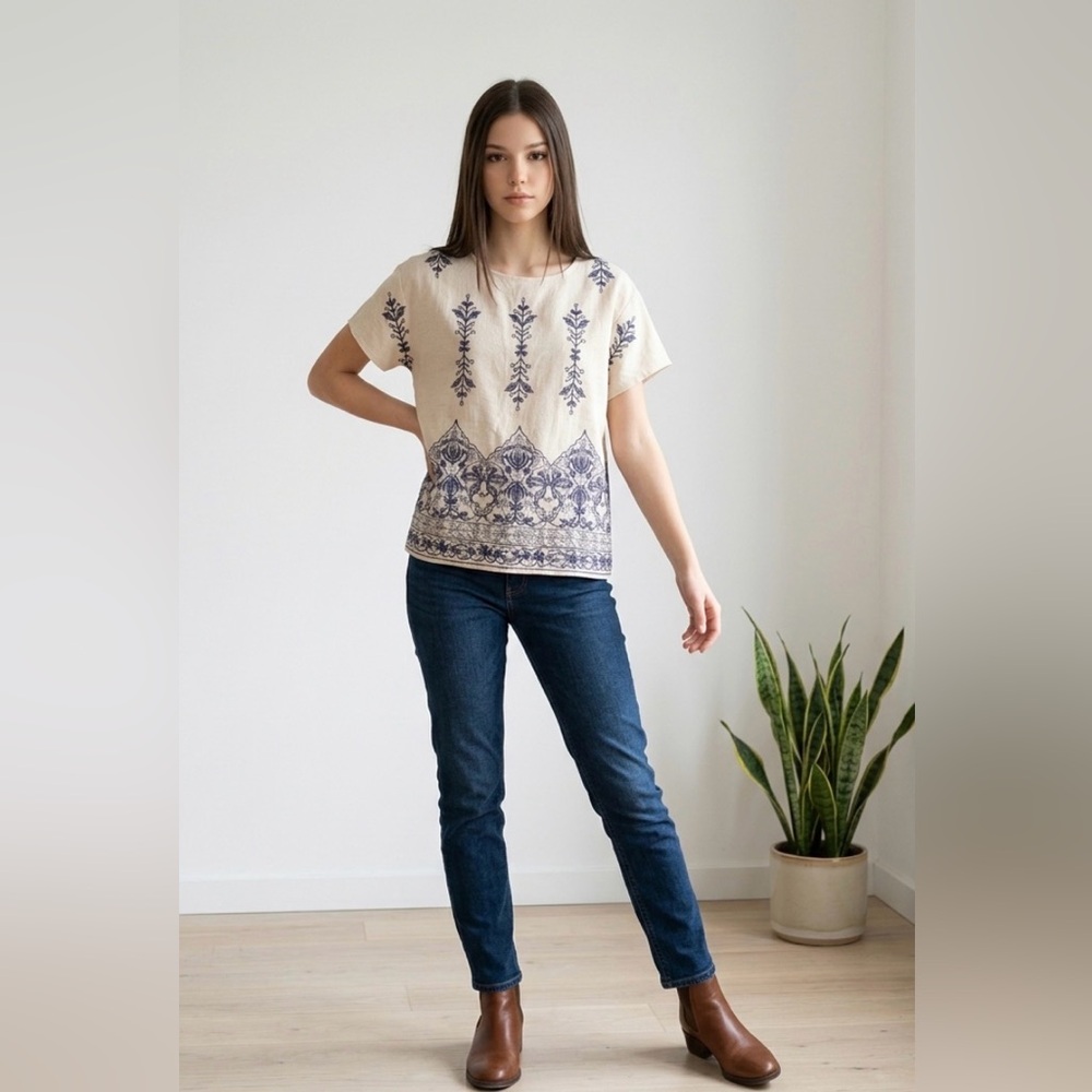 Cream Short-Sleeve Embroidered Blouse with Navy Motif - Picture 2 of 2